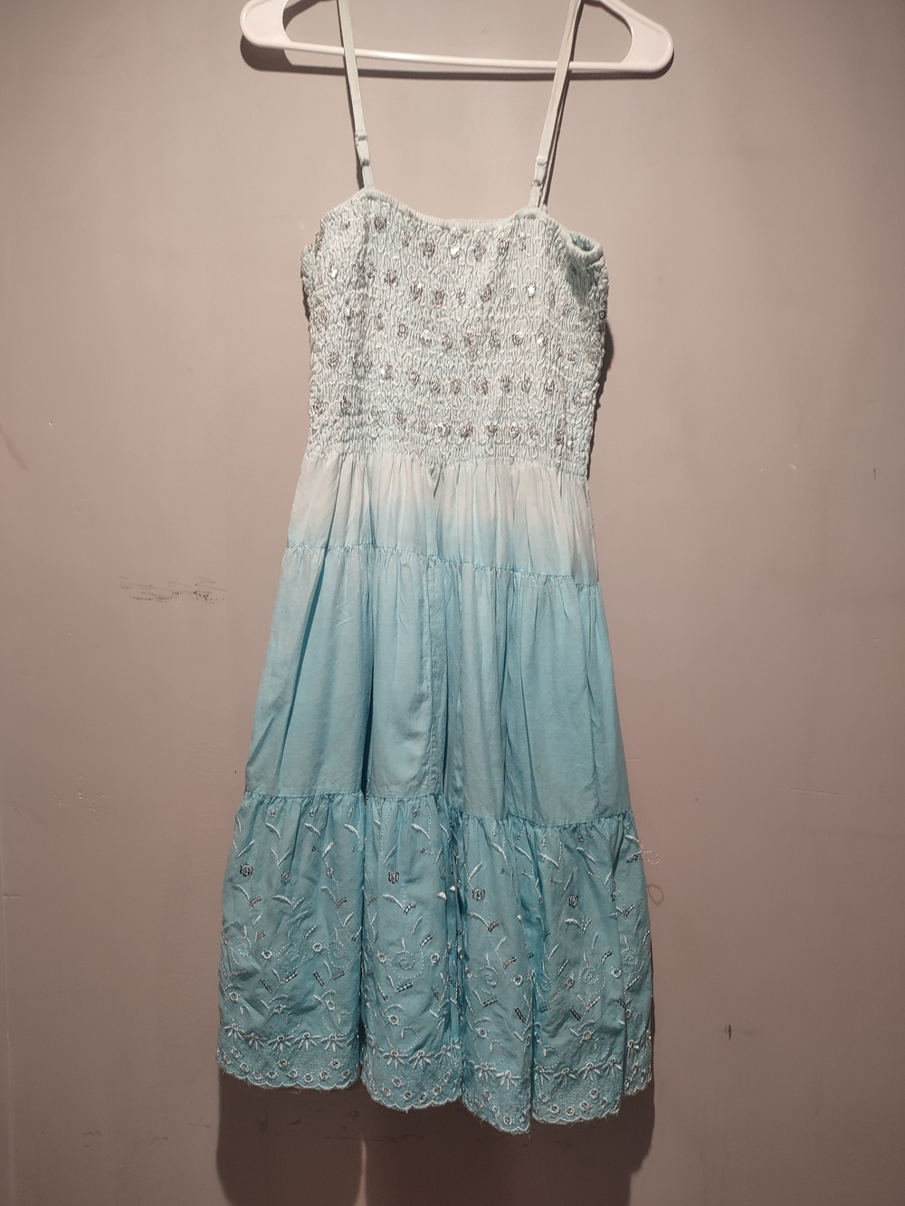 Pink Apple Light Blue Embroidered Tiered Sundress